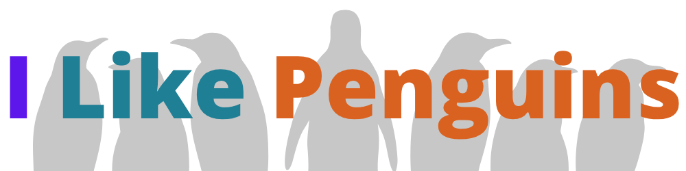 I Like Penguins coloured text on a light background picture of penguins used as a logo for website